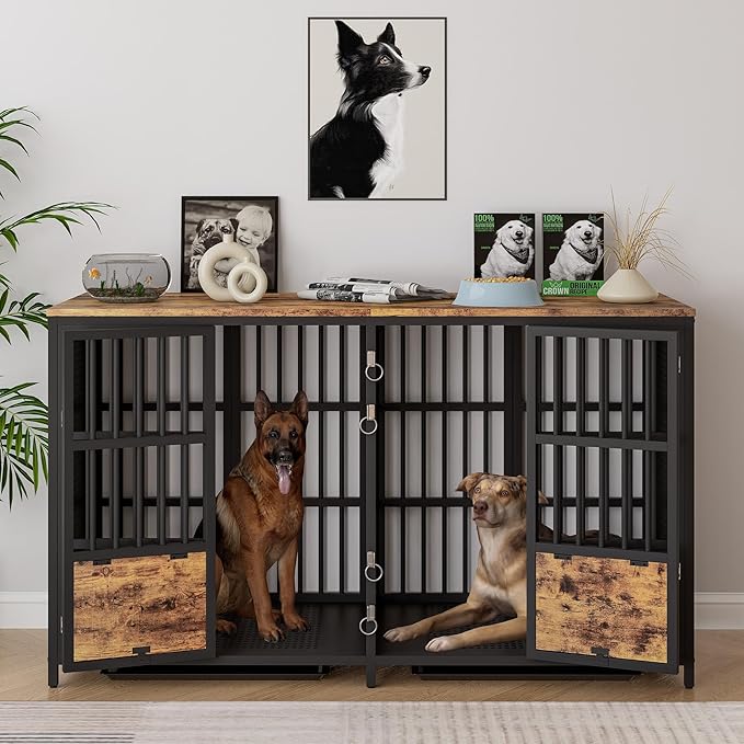 BOINN Large Dog Crate Furniture, 63 inch Heavy Duty Double Dog Crate with Divider, Extra Large Dog Kennel Furniture with Removable Trays for Medium Large Dogs