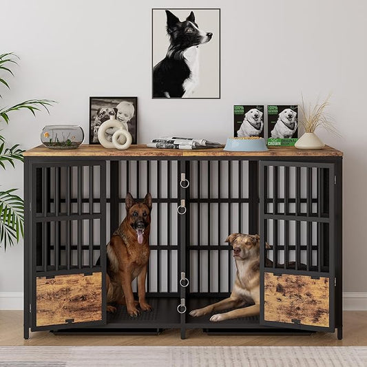 BOINN Large Dog Crate Furniture, 63 inch Heavy Duty Double Dog Crate with Divider, Extra Large Dog Kennel Furniture with Removable Trays for Medium Large Dogs