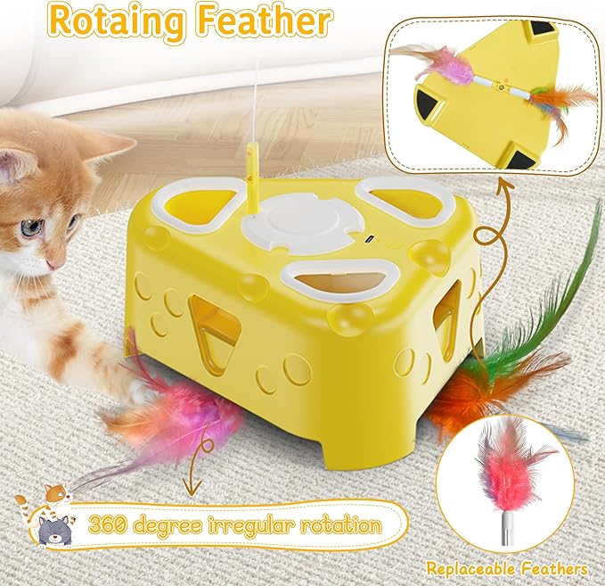 Interactive Cat Toy for Indoor Cats, Enrichment Stimulation Kitten Toys,Flying Bird,6 Holes Mole,Rotating Feather, USB Rechargeable Electronic Interactive Feather Toy for Bored Adult & Kitten Cats