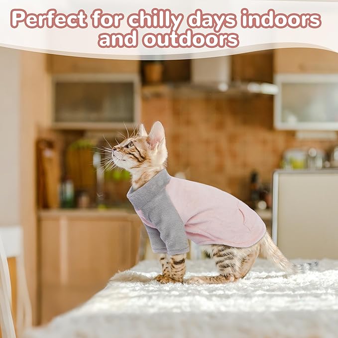 PUMYPOREITY Cozy Cat Sweater with Sleeves, Soft Coral Fleece Cat Clothes, Warm Winter Coat Thick Fleece for Hairless Cats, M, Pink