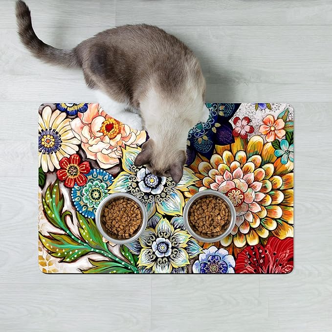 Rnivvi Dog Food Mat, 12" x 19" Flower Absorbent Dog Cat Bowl Mat for Food and Water, 3MM Anti-Slip Rubber Pet Feeding Rug Protect Floors, Puppy Placemat for Feeding & Watering Supplies, Mandala Floral