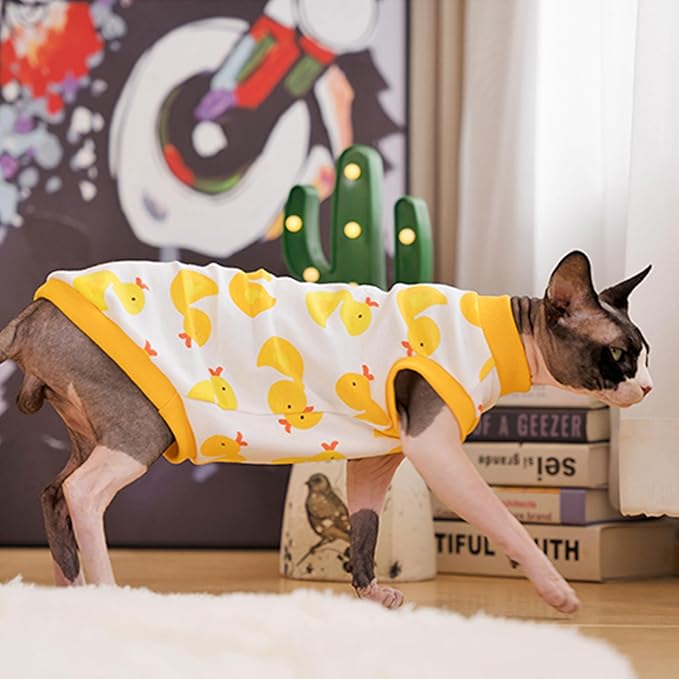 PUMYPOREITY Sphynx Cat Clothes: Stretchy Sweater, Soft Hairless Shirt, Pullover Pajamas, Turtleneck for Sphynx Cornish Rex, Devon Rex - Yellow, M
