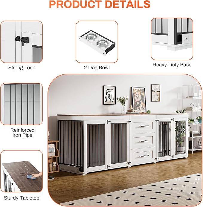 Rophefx 94.5" Dog Crate Furniture for 2 Dogs, Large Dog Kennel Furniture with 3 Storage Drawer, Wooden Dog Cage with 4 Bowls, Indoor Dog House TV Stand with Locks for Large Medium Dog, White
