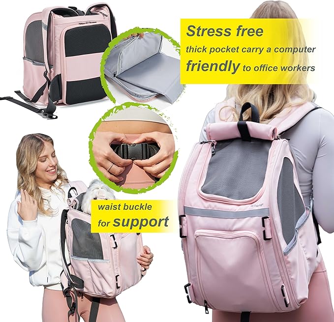 Expandable Pet Carrier, Airline-Approved Foldable and Detachable Backpack, Fits 13lbs Cat&11lbs Small Puppy Dog, for Car Travel,Camping and Emergency Transportation and Shelter (Pink)