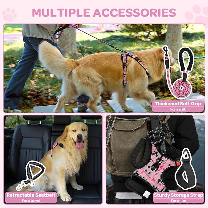 FURRYFECTION Plaid Dog Harness for Large Dogs | No Pull Reflective Pet Harness | No Choke Adjustable Dog Vest Harnesses | with Leash | Easy Control Handle | Front Lead | Seat Belt | Pink&Black| L