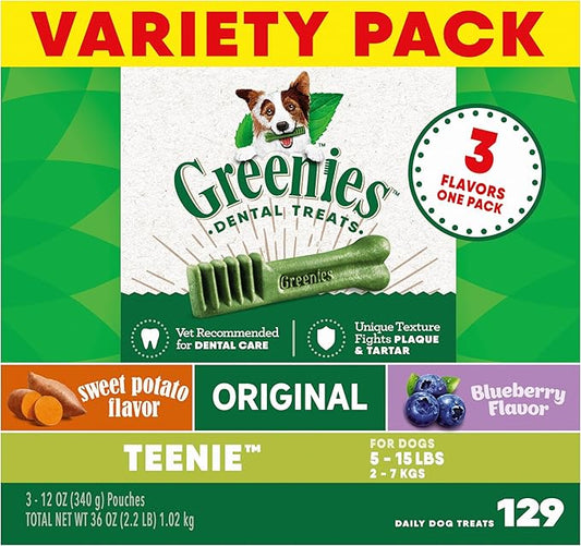 Greenies Teenie Dental Dog Treats 3-Flavor Variety Pack, (3) 12 oz. Pouches, 129 Total Treats