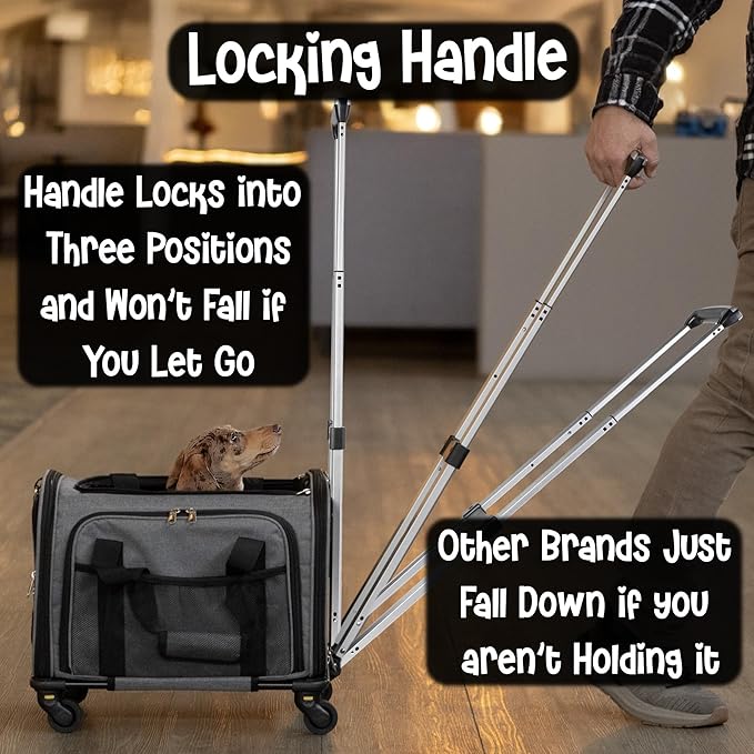 Pet Carrier with Wheels | Delta American Frontier Airline Approved | Two Expandable Sides, Storage Pockets Adjustable Leash | Rolling Dog and Cat Carrier TSA Compliant (Light Grey 17x12.5x11)