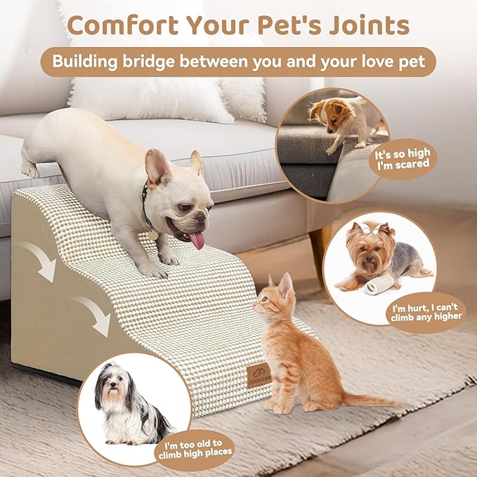 Dog Ramp and Stair for Bed 16" H-20 H,3-Step Cat Stair for Sofa and Chair,4-Step Dog Ramp for High Bed and Window,Durable Nonslip Fabric Cover for Indoor (Beige-20 H, Pet Friendly, 4)