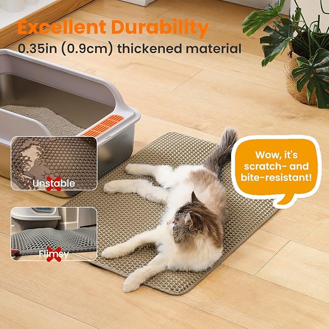 Extra Large Cat Litter Mat, 30x22 Inches Honeycomb Double Layer Cat Litter Trapping Mat, Non Slip Waterproof Urine Proof Large Kitty Litter Box Mat for Floor, Kitten Supplies, XL, Beige