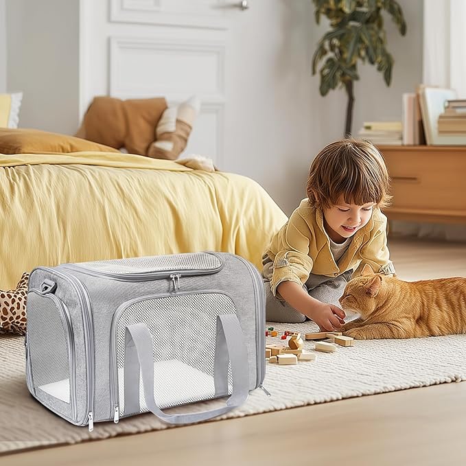 Airline Approved Pet Carrier 17"x11"x11" – Soft Sided Cat Dog Travel Bag for Small Pets up to 15 lbs, Portable Collapsible Pet Carrier Under Seat with Mesh Ventilation & Shoulder Strap (Grey)