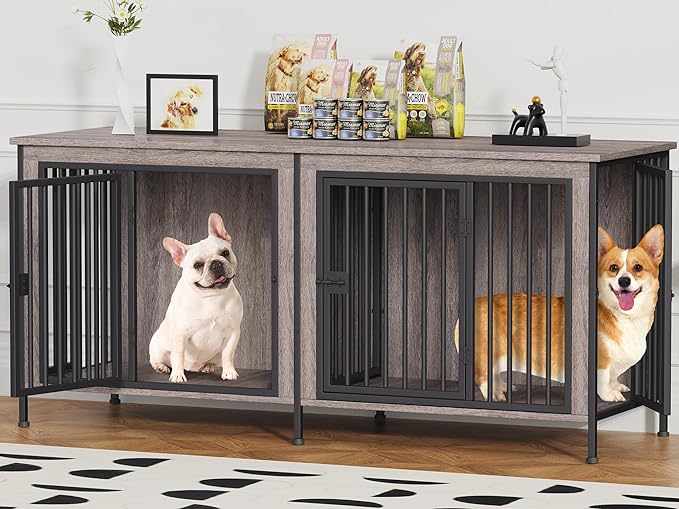 EasyCom Dog Crate Furniture for 1 or 2 Dogs, Heavy Duty Single/Double Dog Crates for Small/Medium/Large Dogs, Dog Kennel Furniture Indoor as TV Stand, Medium Size 63" L(20-35 Pounds), Oak Grey