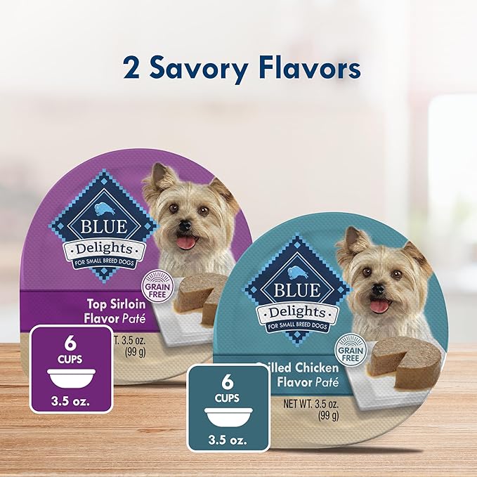 Blue Buffalo Delights Small Breed Natural Wet Dog Food Variety Pack, Top Sirloin Paté and Grilled Chicken Paté, 3.5-oz Cups, 12 Count