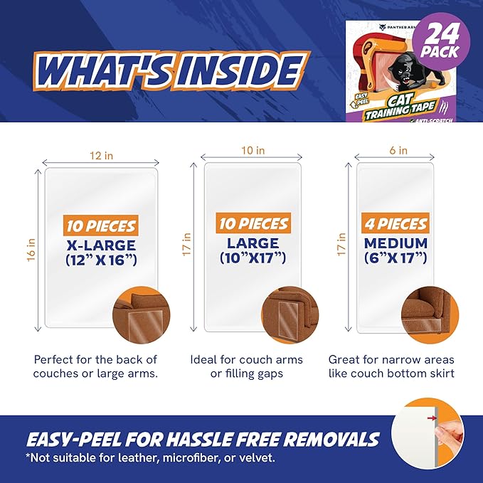 24 Pack Cat Scratch Furniture Protector Tape Sheets – Double-Sided Sticky Training (10 XL, 10 Large, 4 Medium) – Anti-Scratch Couch & Sofa Guard – Clear – Not for Leather, Velvet, Microfiber