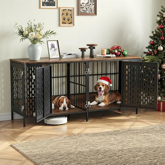 ONBRILL 71" Dog Crate Furniture for 2 Dogs, Indoor Heavy Duty Dog Crate with Removable Divider and 4 Doors, Escape Proof Pet Cage, XXL Thicken Wooden Kennel TV Stand for Medium Large Dogs,Brown