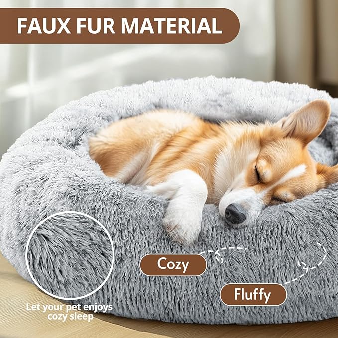 JOLLYVOGUE Medium Calming Dog Bed, Anti-Anxiety Donut Cuddler Cat Bed with Anti-Slip Bottom, Fluffy Faux Fur Machine Washable Pet Cushion for Medium Large Dog & Cat, 31"/Smoke Gray