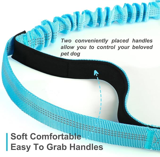 Hands Free Dog Leash, Adjustable Waist Leash for Dog Walking, Dual Handle Bungee Dog 4.2-6.7 Feet Long with Reflective Stitches for Walking Hiking Running, Fits 26"- 43" Inch Waist, Blue
