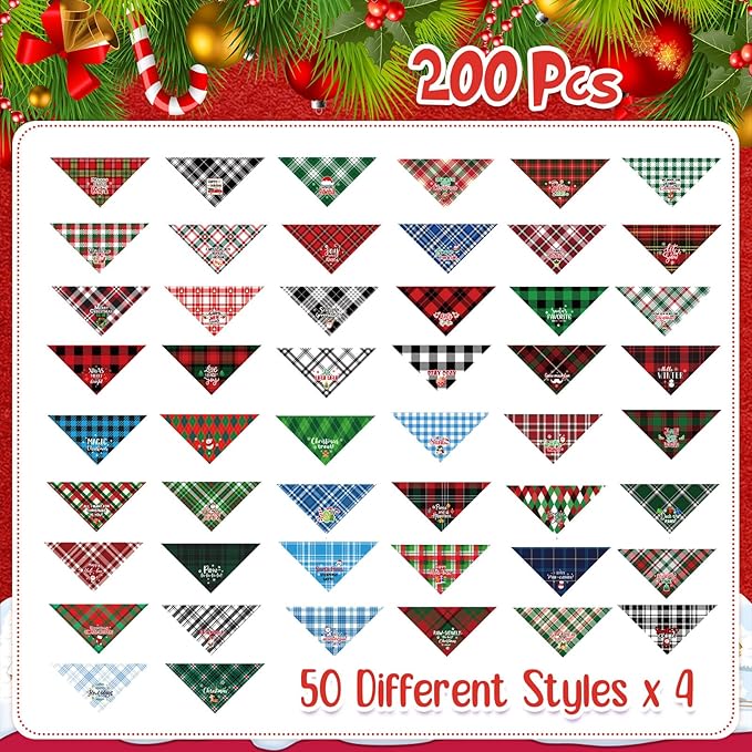 Preboun 200 Pcs Christmas Plaid Dog Bandanas Bulk Dog Holiday Scarf Bibs Puppy Bandanas Adjustable Washable Kerchief Pet Costume Accessories Grooming Supplies for Small to Medium Cats Dogs