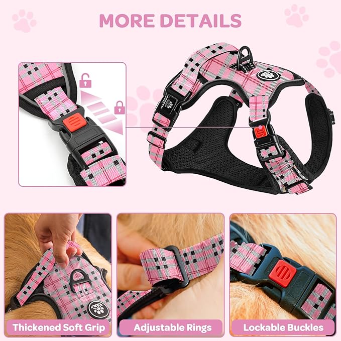 FURRYFECTION Plaid Dog Harness for Large Dogs | No Pull Reflective Pet Harness | No Choke Adjustable Dog Vest Harnesses | with Leash | Easy Control Handle | Front Lead | Seat Belt | Pink&Black| L
