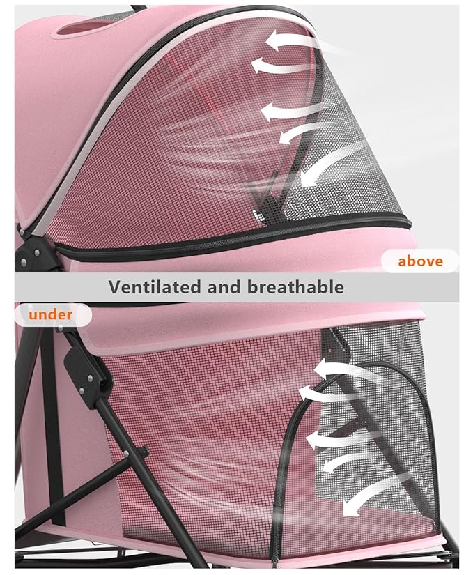 Pet Stroller with 4 Wheels for Small/Medium Pets, Portable Travel Foldable Carrier Jogger for Dog Cat Puppy Kitty, Rear Wheel Breaks, Storage Basket, Visible Mesh with Weather Cover (Pink)