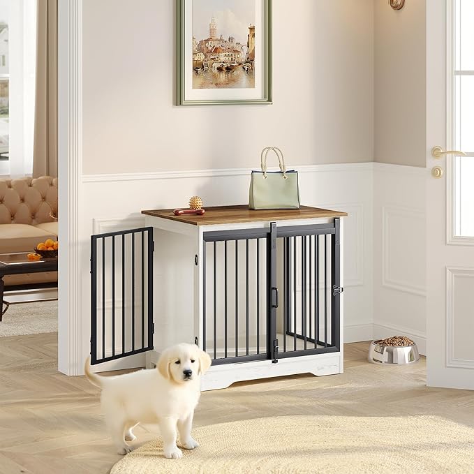 27.2" Dog Crate Furniture with Barn Door, Heavy Duty Dog Kennel Indoor with 2 Doors, Wooden Pet Cage End Table for Small Medium Dogs up to 22 lb, Anti-Chew Anti-Escape, White Brown DFC84314B