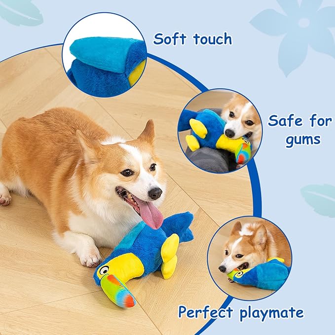 Hollypet Squeaky Plush Stuffed Durable Dog Toys, Cute Puppy Chew Toys for Small, Medium and Large Breed Dogs，Blue Toucan