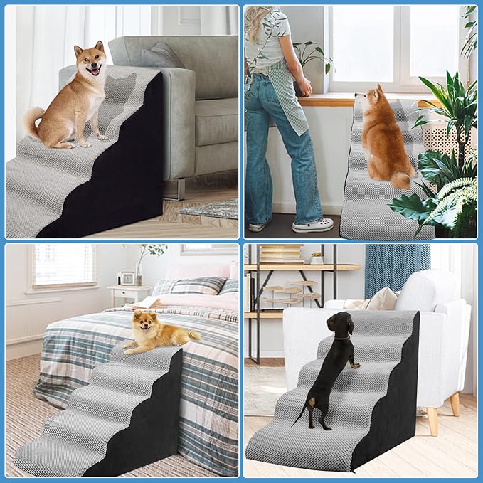 Curved Dog Stairs 24 inches High, Dog Ramp Stairs for Small Dogs for High Beds 20-25 inches Tall, 30D Foam Dog Steps for Beds 24 inches, Pet Stairs/Steps for Old Dogs Cats, Grey