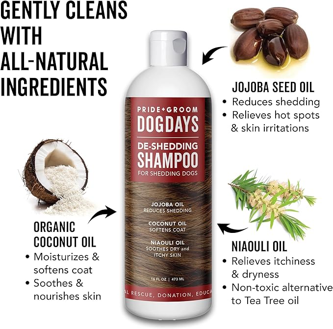 Pride and Groom DogDays Deshedding Dog Shampoo | Fast-Acting Coat Softener & Shedding Control | All-Natural Dog Wash with Essential Oils | Reduces Excess Fur & Dander for Curly & Wavy Coats – 16 oz