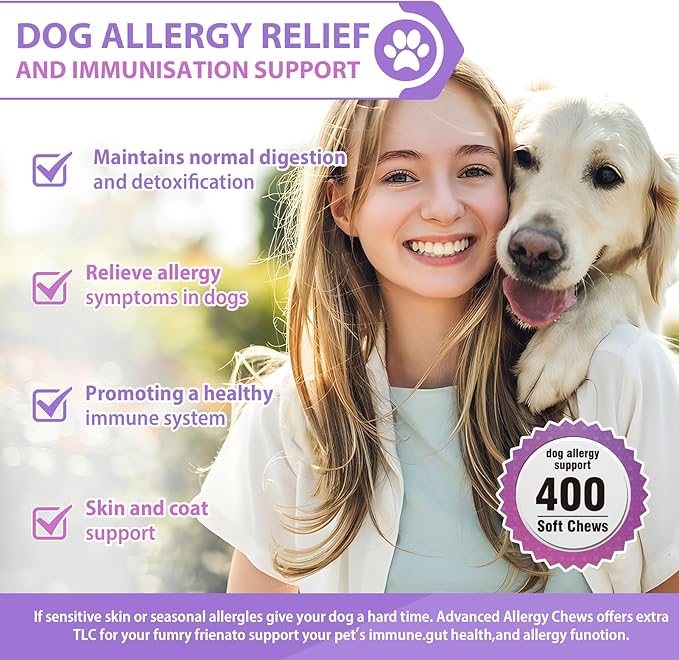 Dog Allergy Chews 400PCs,Dog Allergy and Itching Skin Relief Anti Itch Aller Immune Bites for Dogs Itching Licking Paws Treatment Relief Itchy Aller Probiotics Vitamins for Skin and Coat Allergies