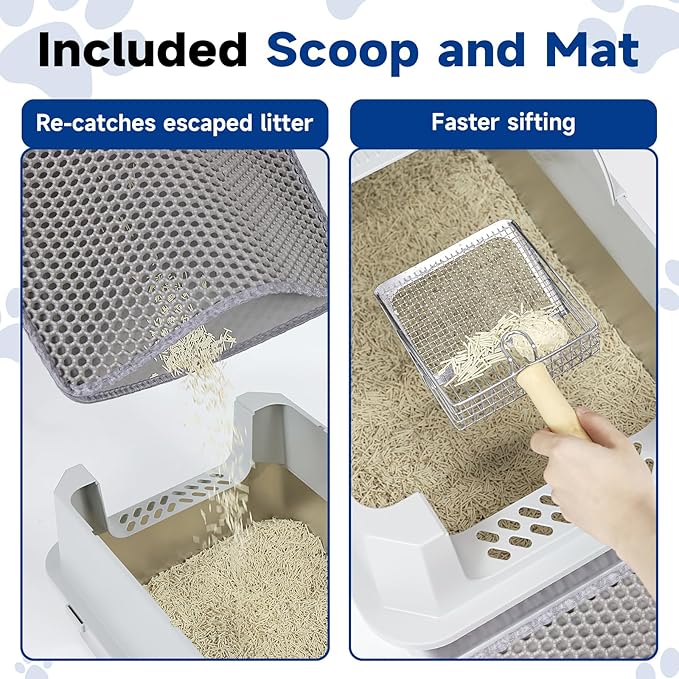 TENTIZON Stainless Steel Extra Large Covered Cat Litter Box with Lid, High Sides, Litter Mat, Scoop, Hooded Enclosed Kitty LitterBox for Big Cats Up to 24lbs, Multi-Cat, Ordor Control, Easy Clean