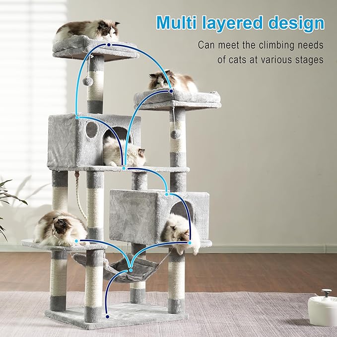Hey-brother Large Multi-Level Cat Tree Condo Furniture with Sisal-Covered Scratching Posts, 2 Bigger Plush Condos, Perch Hammock for Kittens, Cats and Pets Light Gray MPJ020W