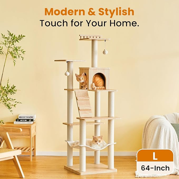 Modern Cat Tree - 64 inch Cat Tower for Indoor Cats, Multi-Level Cat Condo with 7 Fully Wrapped Scratching Posts, 2 Perches, Hammock, Removable Pad & Dangling Balls-Light Brown