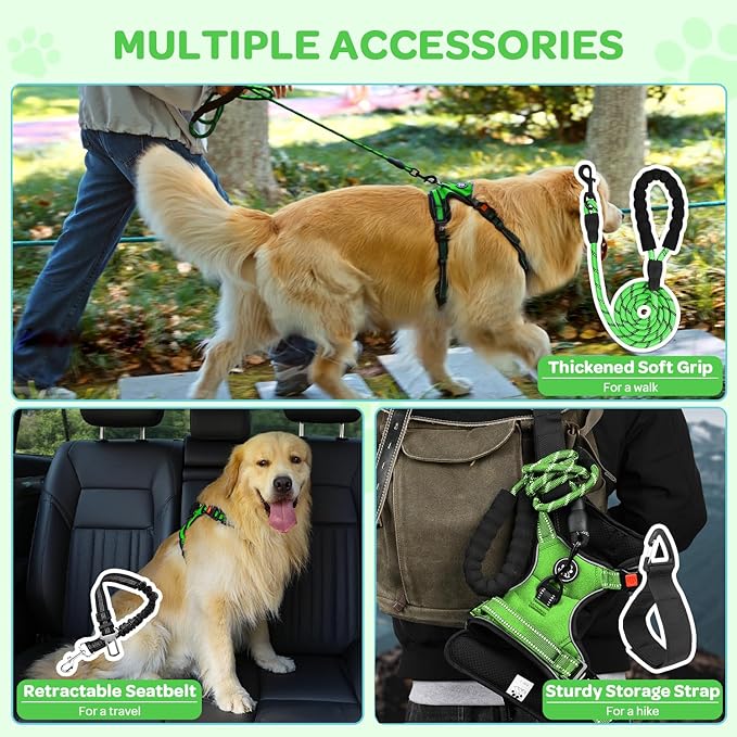 FURRYFECTION Dog Harness | No Pull Dog Harness | Reflective Oxford | Padded Handle | 4 Adjustable Straps | 2 Leash Clips | No Choke Pet Vest Harness for Small Medium Large Dogs | Green | M