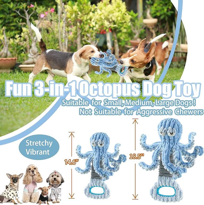 Squeaky Dog Toys, Octopus Dog Toy Interactive Tug of War Puppy Toy to Keep Them Busy (Blue)