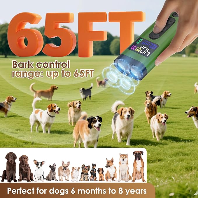 Dog Bark Deterrent Device – 65FT Range Anti Barking Device for Dogs, Stops Neighbor’s Dog Barking with 3 Ultrasonic Frequencies (25/30/40kHz) & 5 Sound Modes, for Indoor & Outdoor Training