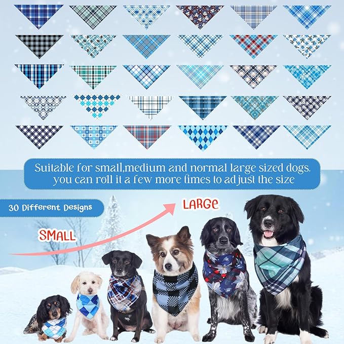 Sweetude 60 Pcs Winter Plaid Dog Bandanas Bulk Winter Pet Scarf Bibs Puppy Bandana Adjustable Washable Kerchief Pet Costume Accessories Grooming Supplies for Small to Large Cats Dogs