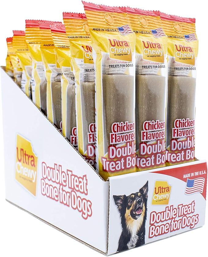 Ultra Chewy Chicken Double Treat Bones: Long-Lasting Dog Treats Made in USA for Large and Small Breeds, Highly Digestible, Ideal for Aggressive Chewers (24 Count)