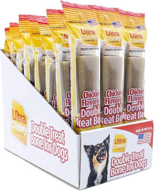 Ultra Chewy Chicken Double Treat Bones: Long-Lasting Dog Treats Made in USA for Large and Small Breeds, Highly Digestible, Ideal for Aggressive Chewers (24 Count)