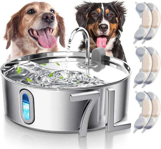 Dog Water Fountain for Large Dogs 7L/236oz Stainless Steel Dog Water Bowl Dispenser Automatic Pet Water Fountain with Deeper Drinking Area, Multi-Filtration Pet Fountain with 6 Filters