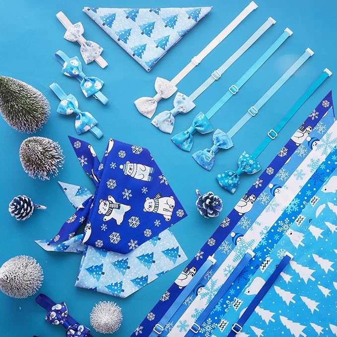 Sanwuta 50 Pcs Winter Dog Bandanas Bulk and Charm Collar Bow Ties Set 25 Snowflake Bandanas for Dogs 25 Snowflake Doggie Collar Triangle Cat Scarf Bowtie for Small Medium Large Pet Winter Costume