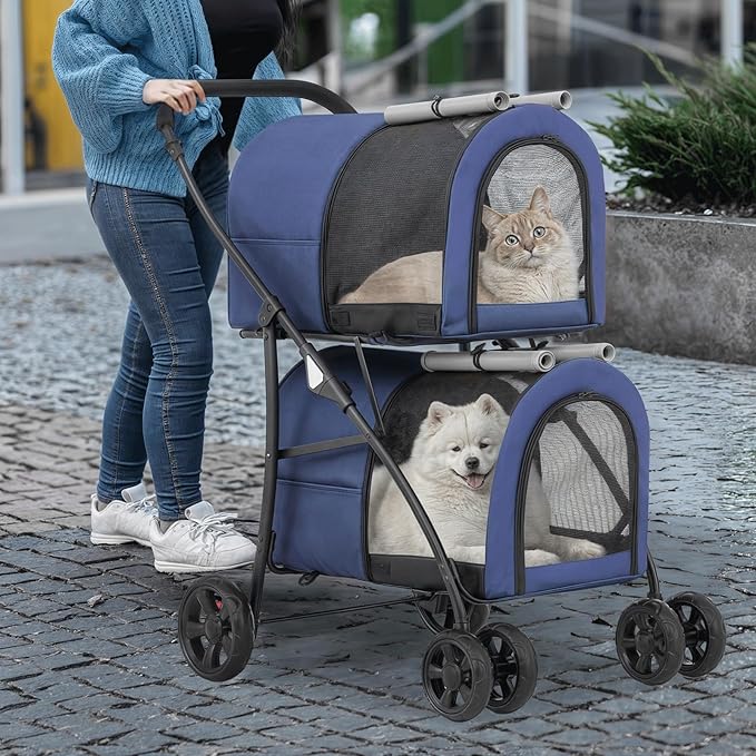 MoNiBloom Double Dog Stroller with Detachable Carrier Bags Large 4 Wheels Foldable Jogger for Small and Medium Dog Cats, Navy Blue/Gray