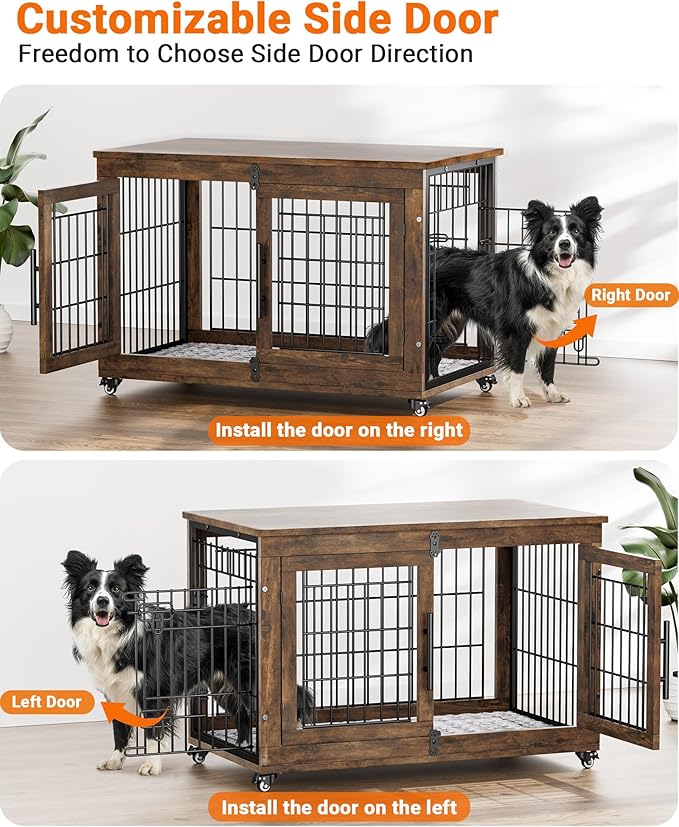 Dog Crate Furniture with Cushion, Large Wooden Dog Kennel Indoor with Double Doors, Dog Cage with Wheels, Dog House Side End Table for Large Medium Dogs up to 70 lb, 38.5” L, Rustic Brown