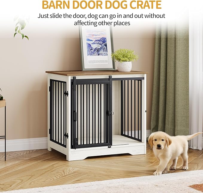27.2" Dog Crate Furniture with Barn Door, Heavy Duty Dog Kennel Indoor with 2 Doors, Wooden Pet Cage End Table for Small Medium Dogs up to 22 lb, Anti-Chew Anti-Escape, White Brown DFC84314B