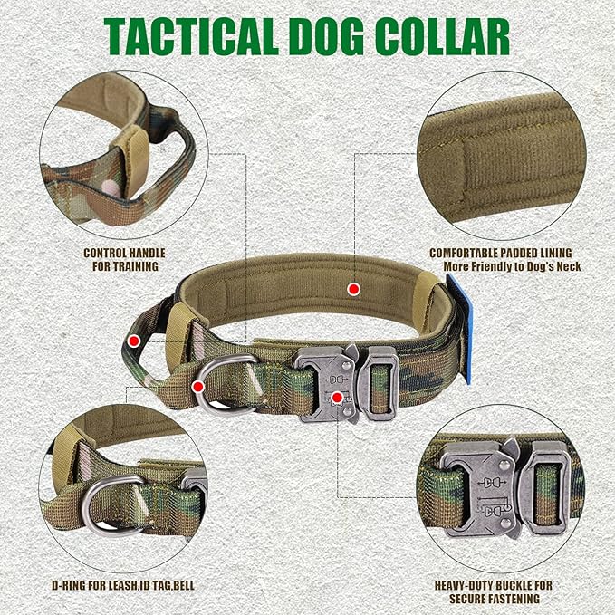 Tactical Military Collar - Adjustable Nylon, Heavy Duty Metal Buckle with Handle for Dog Training, with Patches (Camo, XL)