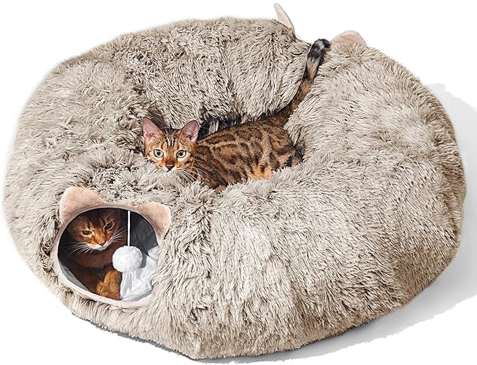 Cat Tunnel with Cat Bed for Indoor Cats, Soft Plush Peekaboo Cat Cave Donut Tunnel, Multifunctional Playground Toys Hideplace for Small Medium Large Kittens, Rabbit, Ferret, Brown