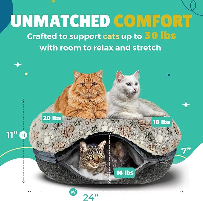 RINGTAIL Peekaboo Cat Cave - Cat Caves for Indoor Cats, Cat Donut Tunnel Bed, Kitten Beds Felt, Cat Bed Cave Large with Two Fluffy Fleece Cushion, Nest Cove Scratch-Resistant Detachable & Washable