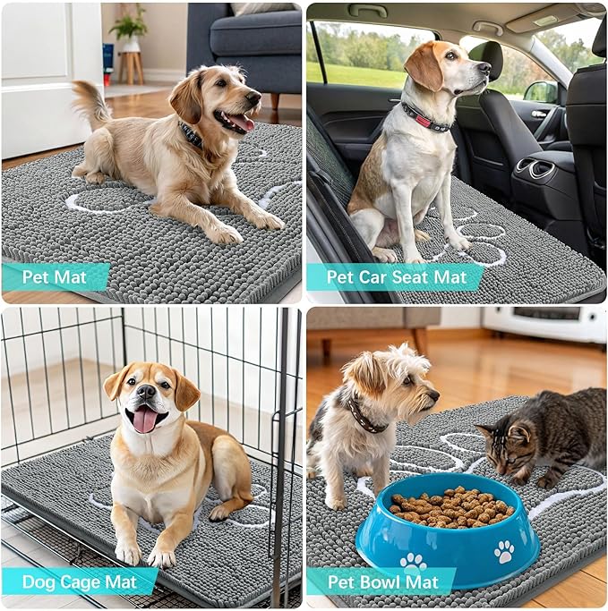 OLANLY Dog Door Mat for Muddy Paws 30x20, Paw Print Design, Absorbs Moisture and Dirt, Absorbent Non-Slip Washable Doormat, Quick Dry Chenille Mud Mat, Entry Indoor Entryway Carpet, Grey and White