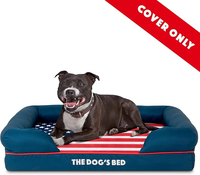 Replacement Outer Cover for The Dog's Bed Orthopedic Memory Foam Dog Bed. Washable Oxford Fabric, Medium (Blue with Red Piping USA Flag Embroidery & Centre Flag)