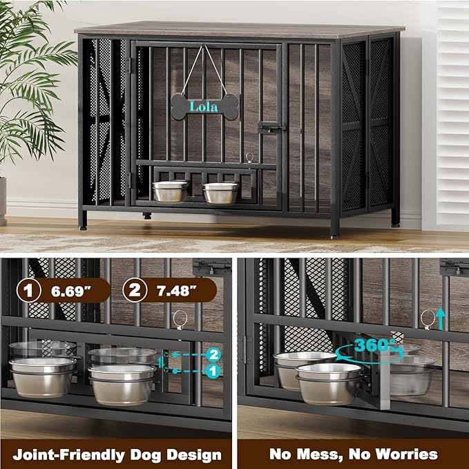 EasyCom Foldable Dog Crate Furniture, 41.3" Dog Crates for Medium/Large Dogs, Wooden Dog Kennel Indoor with Tag & Adjustable Bowls, Dog Cage Use as End Table/TV Stand, Oak Grey