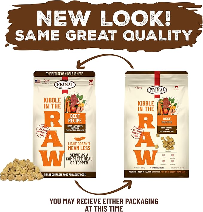 Primal Kibble in The Raw, Freeze Dried Dog Food, Beef, Scoop & Serve, Made with Raw Protein, Whole Ingredient Nutrition, Crafted in The USA, Dry Dog Food 1.5 lb Bag