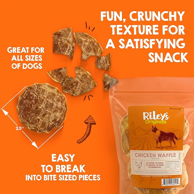 Riley's Waffles Chicken Chips for Dogs - USA Sourced 100% Chicken Breast - Dehydrated and Lean Jerky Treats - Single Ingredient Dog Treat - 6oz